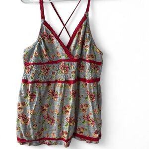 Floral Lace-Trim Crisscross Cami in lite blue with Red Trim